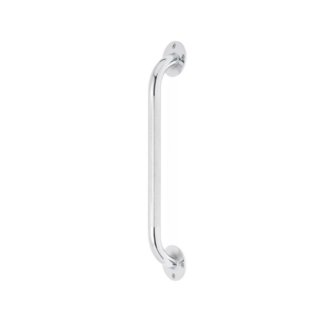 A Medline Knurled Chrome Grab Bar with a non-slip grip, mounted vertically with circular plates on each end, is shown against a plain white background.